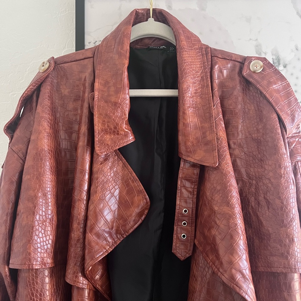 Nasty Gal Brown Oversized Faux Leather Croc Embossed Trench Coat XXL - Picture 5 of 12